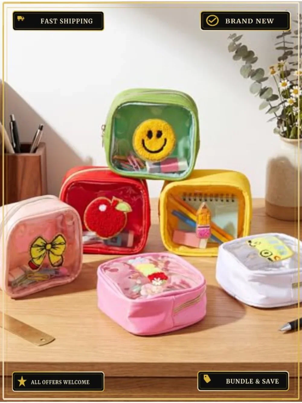 Set of 6 Waterproof PVC Pencil Cases with Zipper - Back to School Gift for